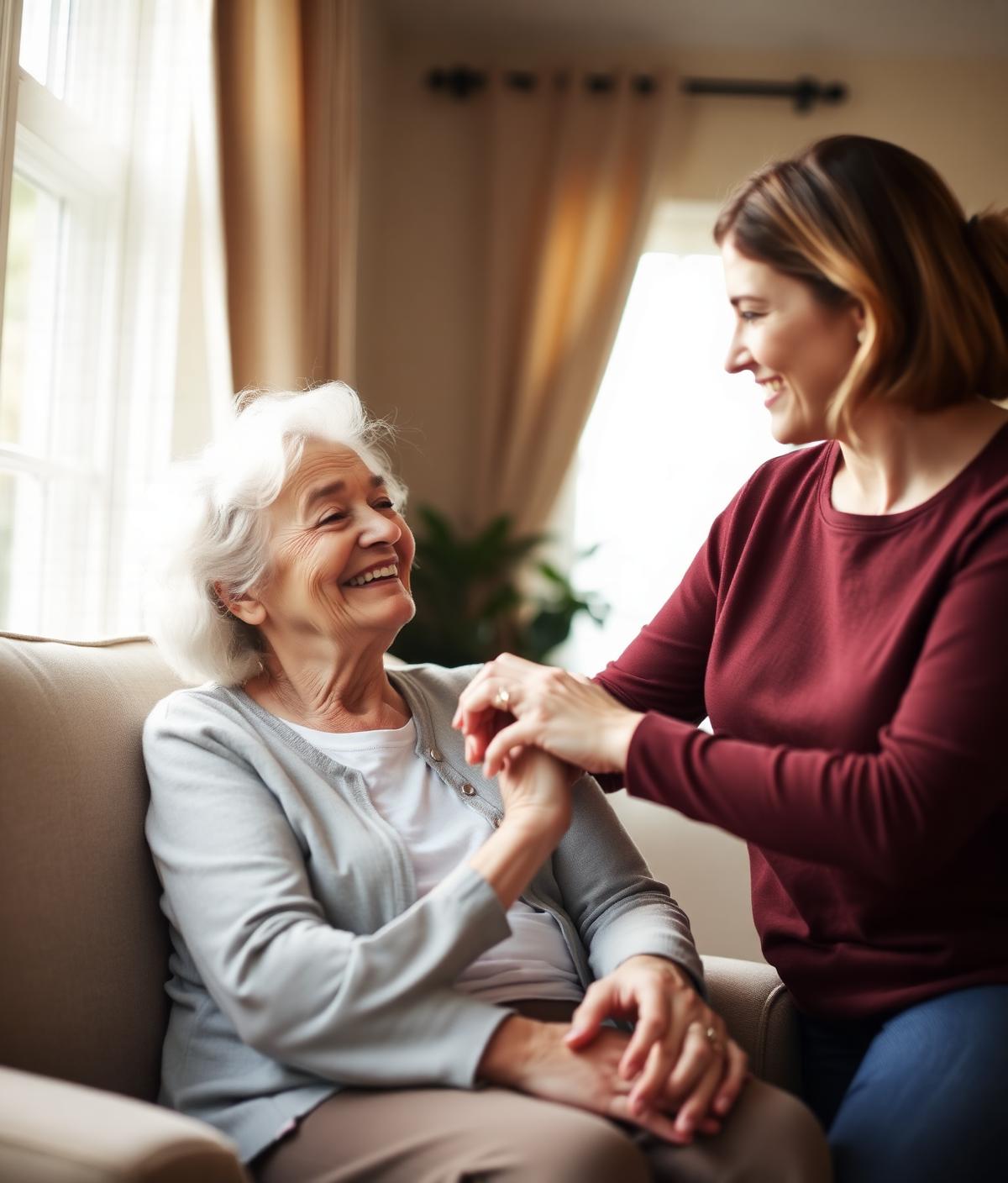 Caregiver smiling and gently holding the hand of an elderly woman in a sunlit living room